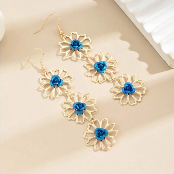 Gold Flower Earrings, Blue Rose Earrings - Picture 2 of 2